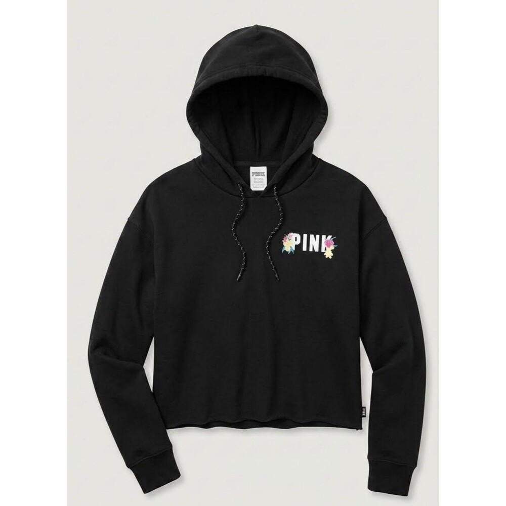 PINK Victoria Secret Womens XS Black Cropped Hoodie Pullover NWOT Cut Out
